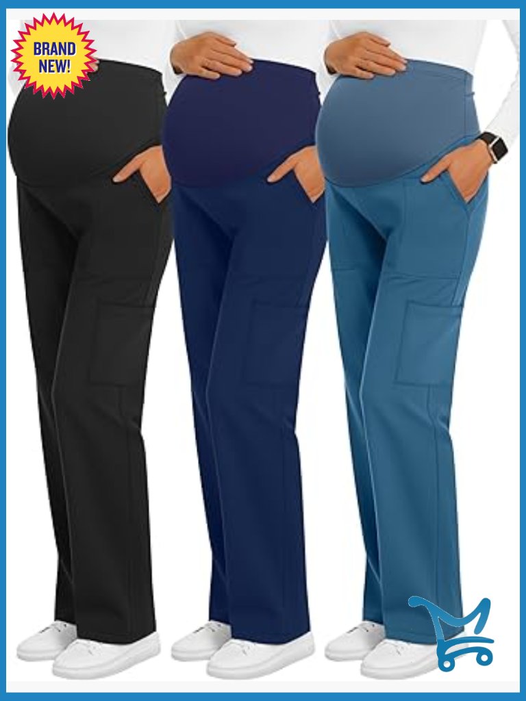 Maternity Scrub Pants 6 Pockets Cargo Stretchy Comfy Straight Leg Pregnancy